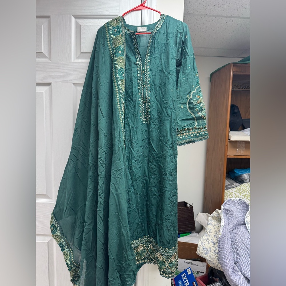 Embroidered Dark Teal Women's Dress with Matching Scarf